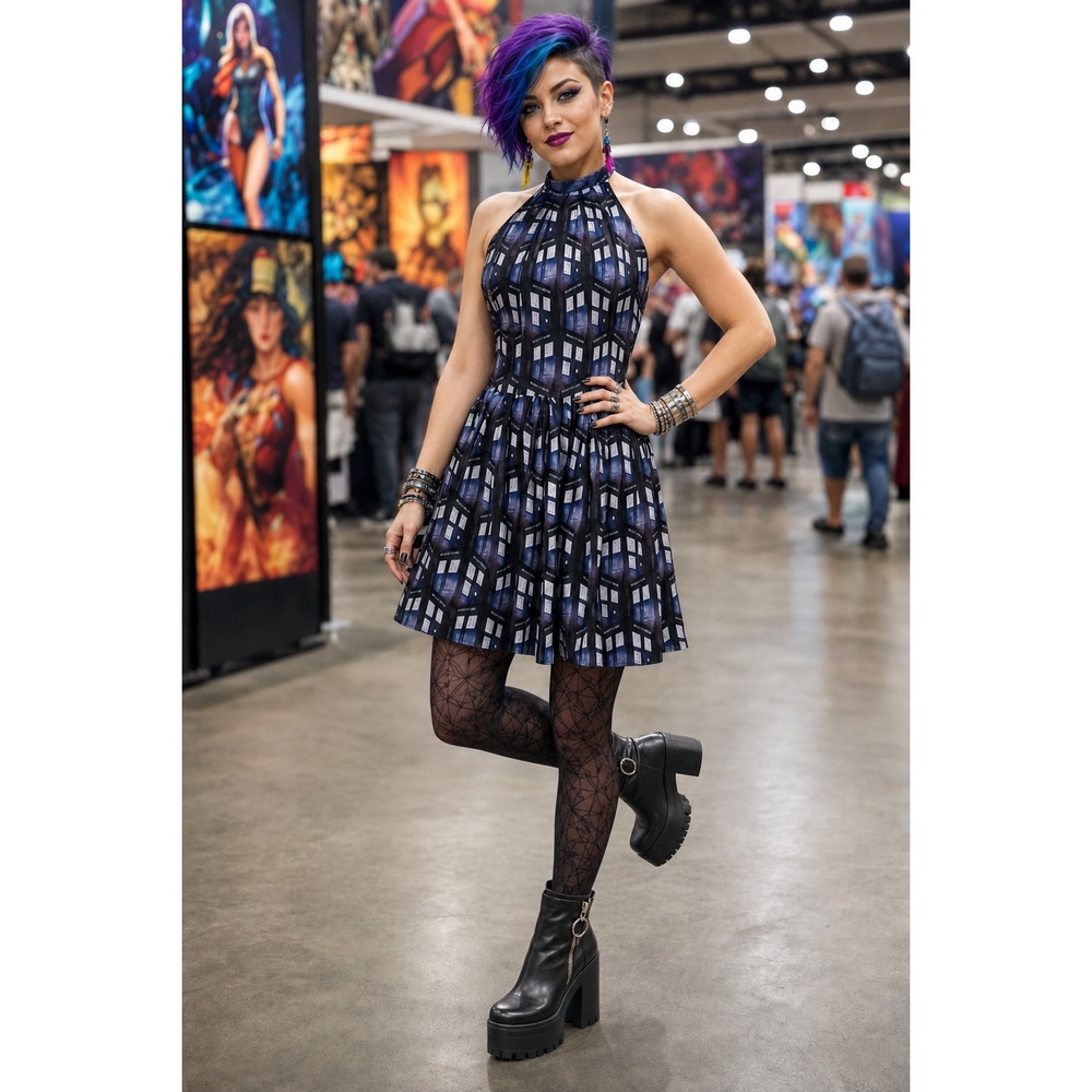 Blackmilk Doctor Who TARDIS Police Box Halter Fit‎ Flare Mini Dress Blue Black